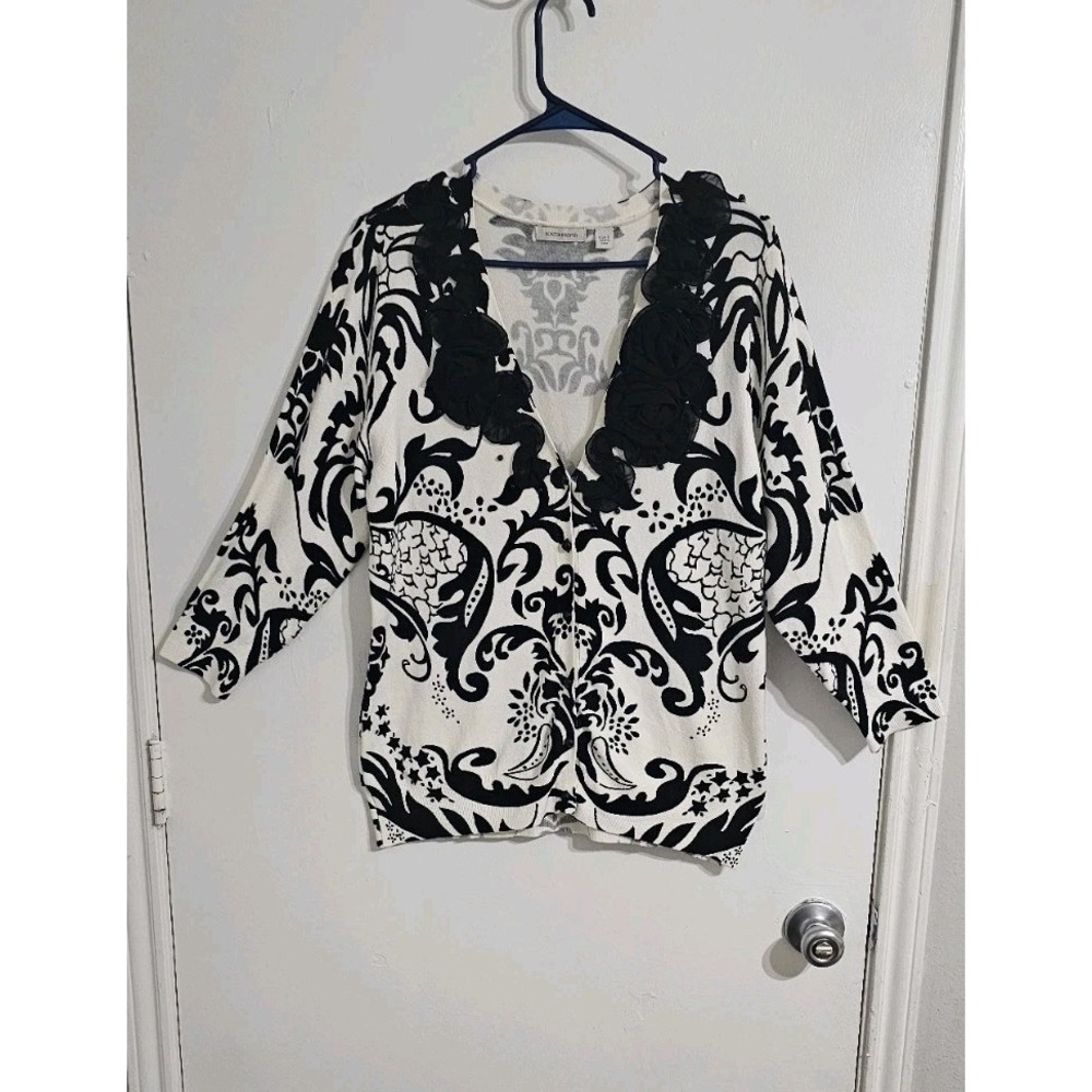 Boston Proper Rose Ruffle Cardigan Women's Large Black  White Romantic‎ Feminine